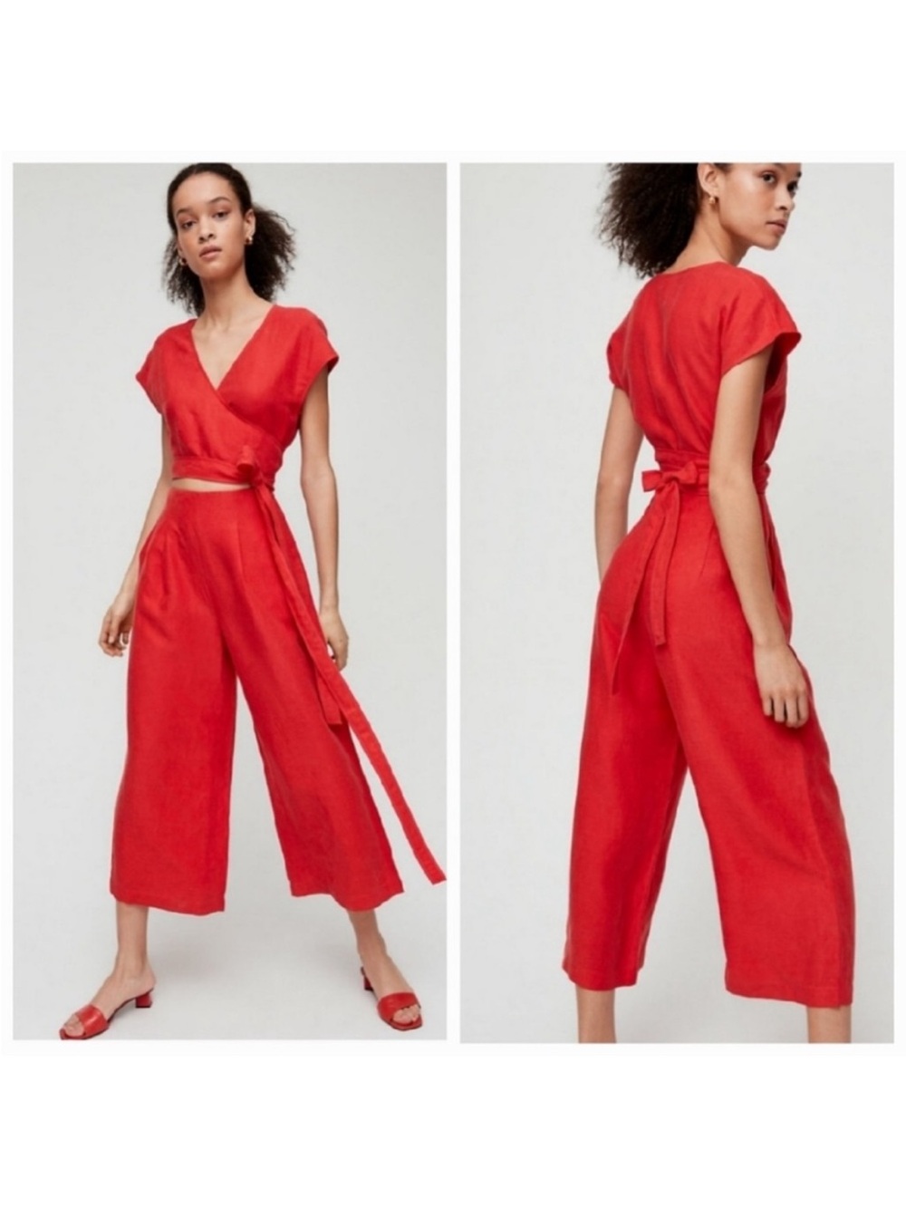 NWT Wilfred Brax Linen Blend Jumpsuit Cropped Cutout Front Tie Up Red